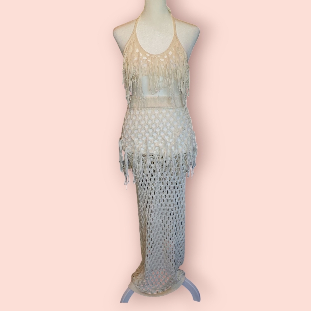 BRAND NEW NASTY GAL Crochet Tassel Tie Back Bralette and Maxi Skirt Set CREAM - Picture 8 of 13